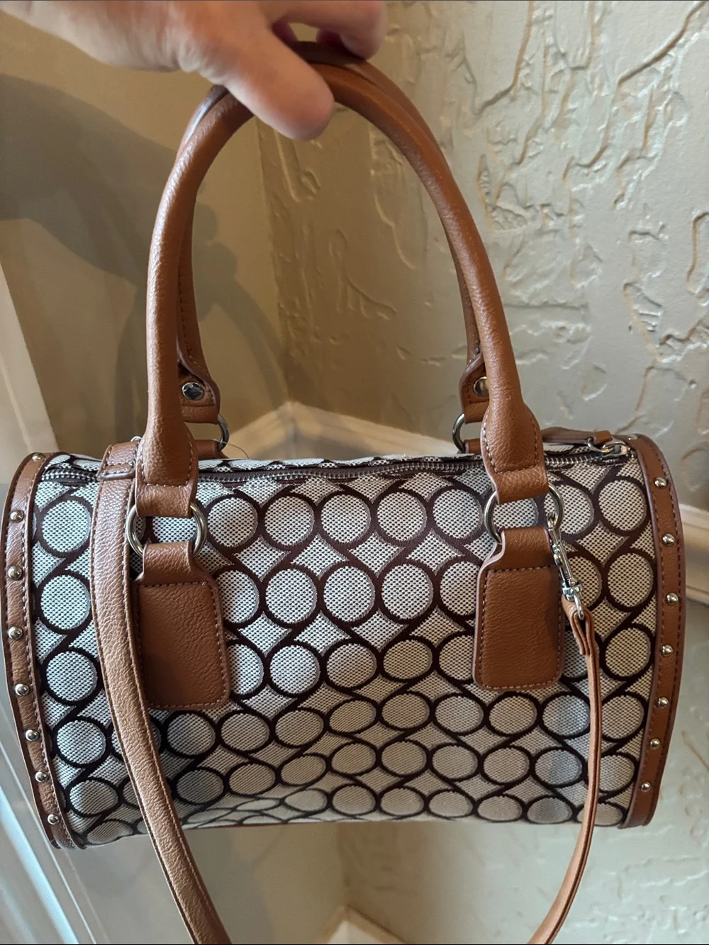 Nine West Beige and Brown Jacquard Satchel